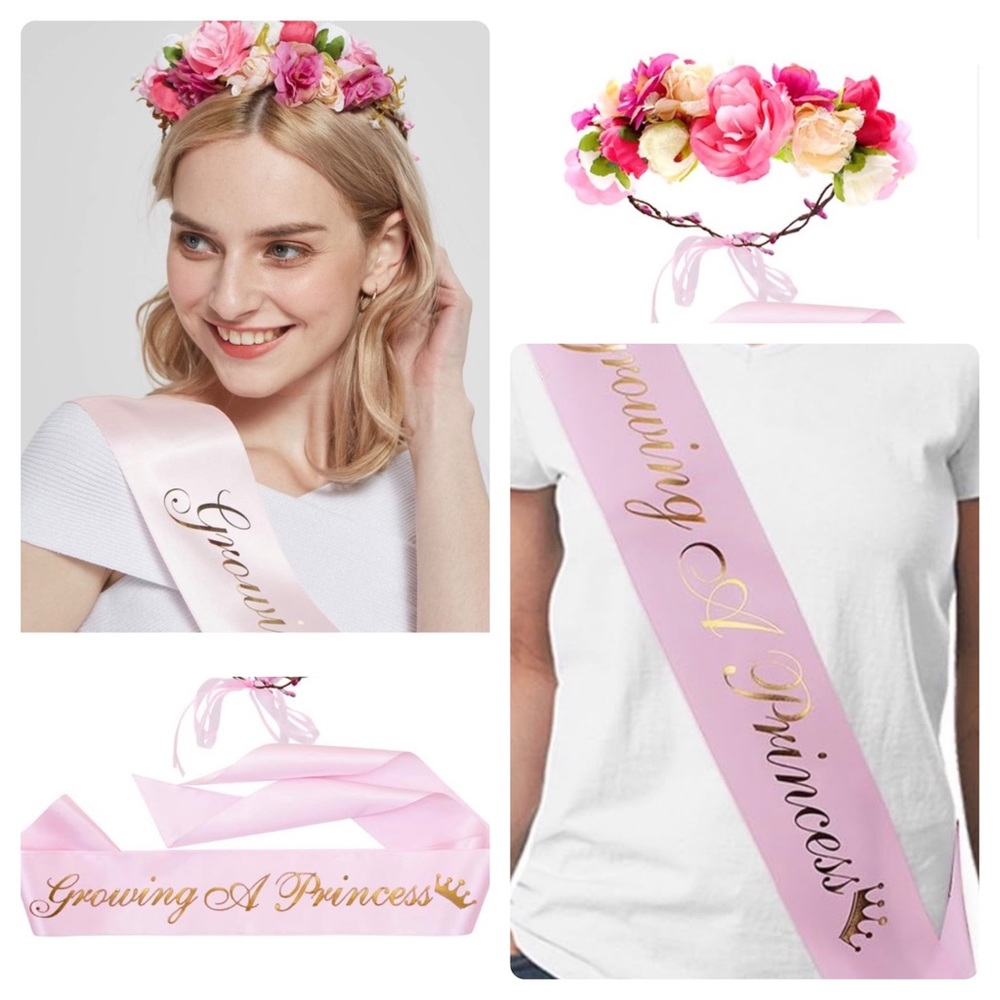 Growing a Princess" Sash & Flower Crown Kit - Baby Shower Sash (Pink & Gold)